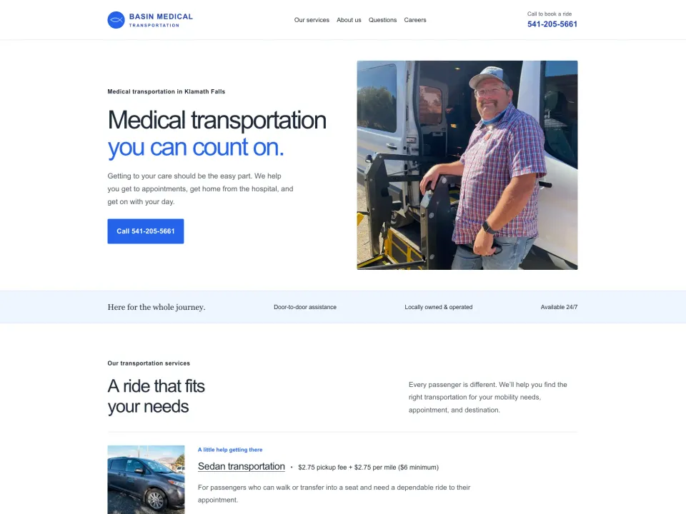 Screenshot of Helping Basin Medical Customers Find the Right Way to Book website - Medical Transport Website project by Visser Analytics