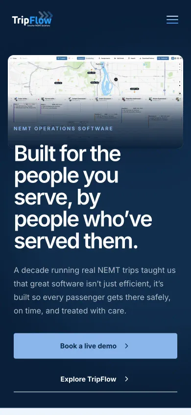 A Problem-Led Launch Site for an NEMT Platform shown on an iPhone, demonstrating responsive mobile design