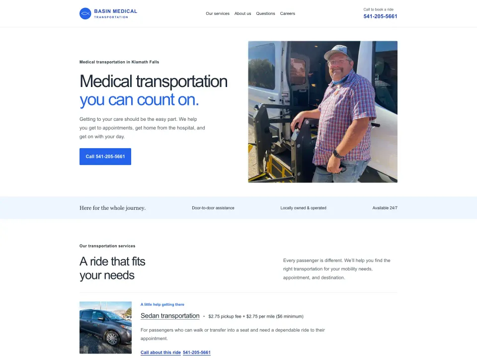 Basin Medical Transportation redesigned website homepage