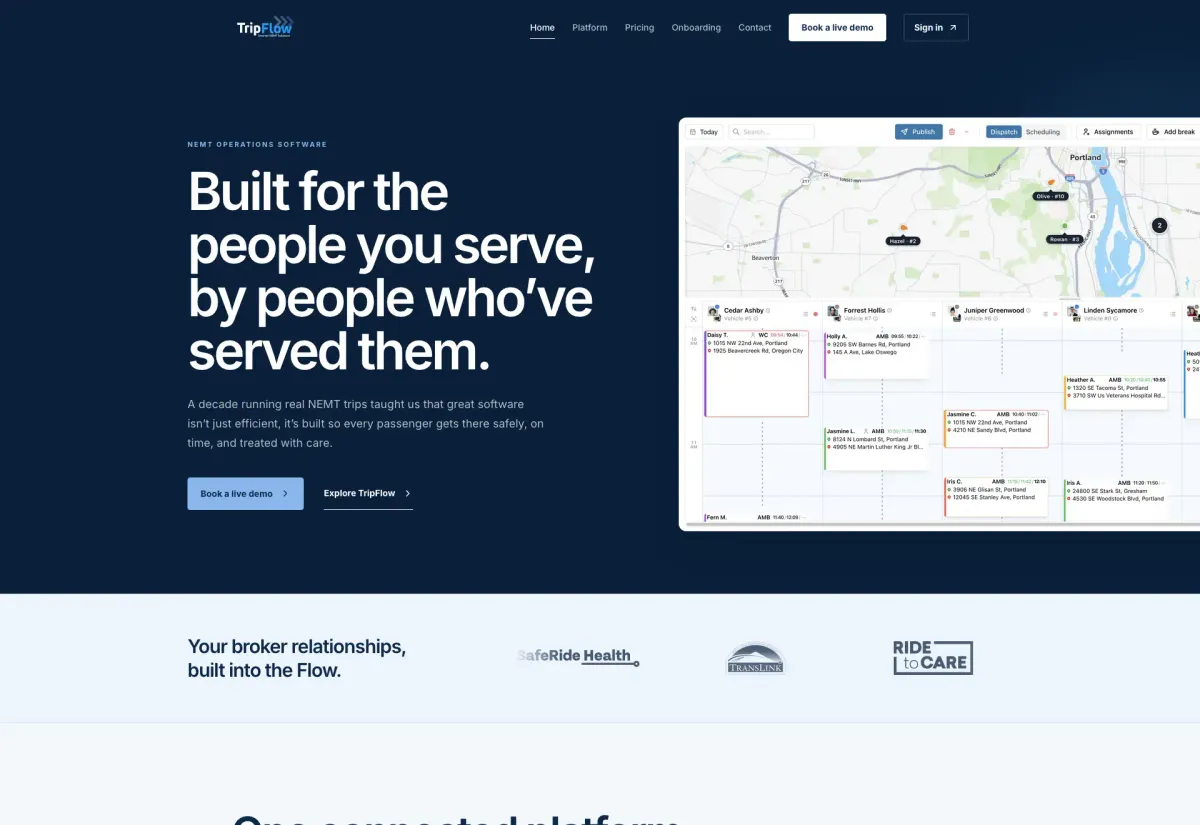 A Problem-Led Launch Site for an NEMT Platform website built by Visser Analytics, shown in a browser frame