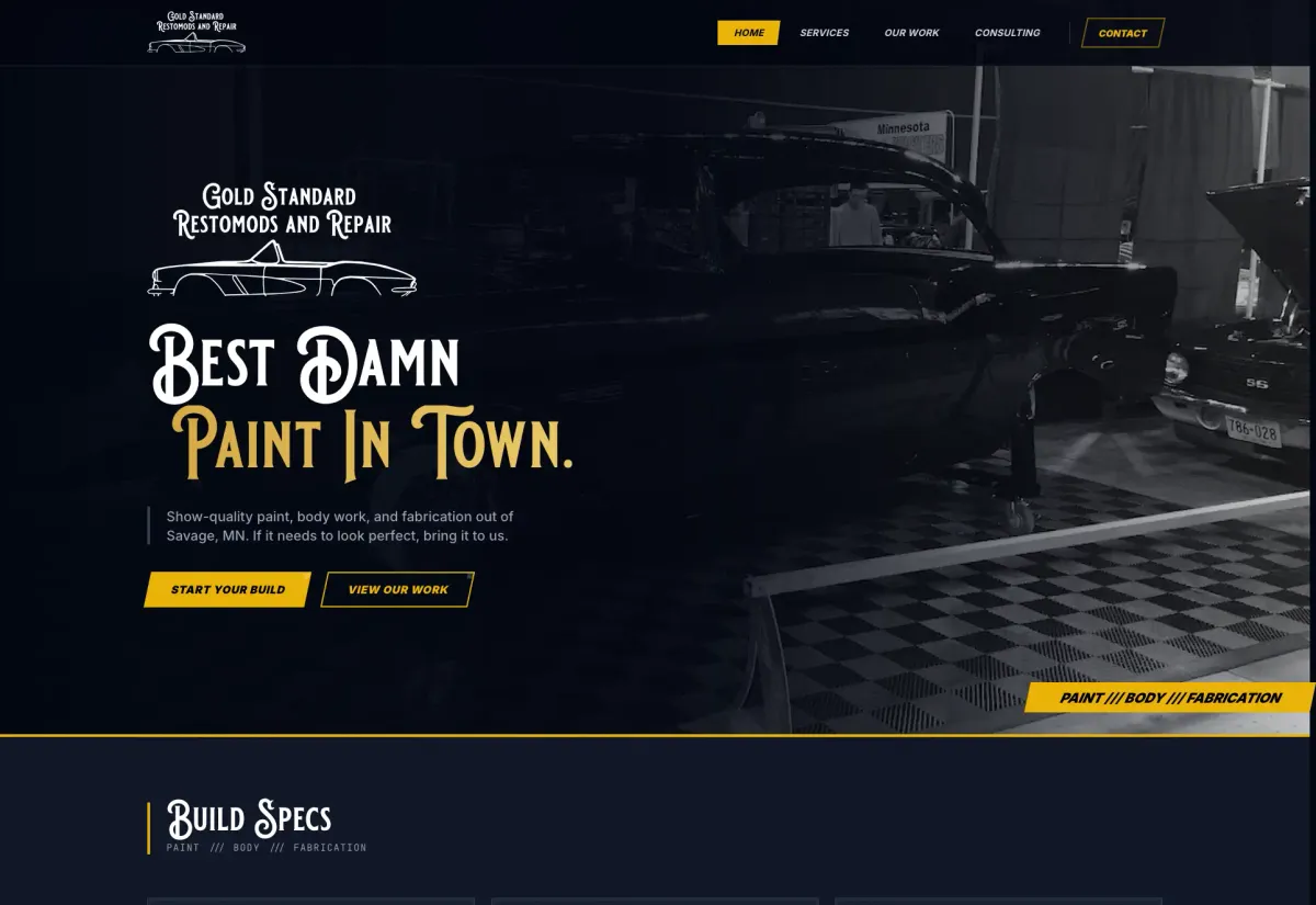 Gold Standard Restomods portfolio website designed and built by Visser Analytics, shown in a browser frame
