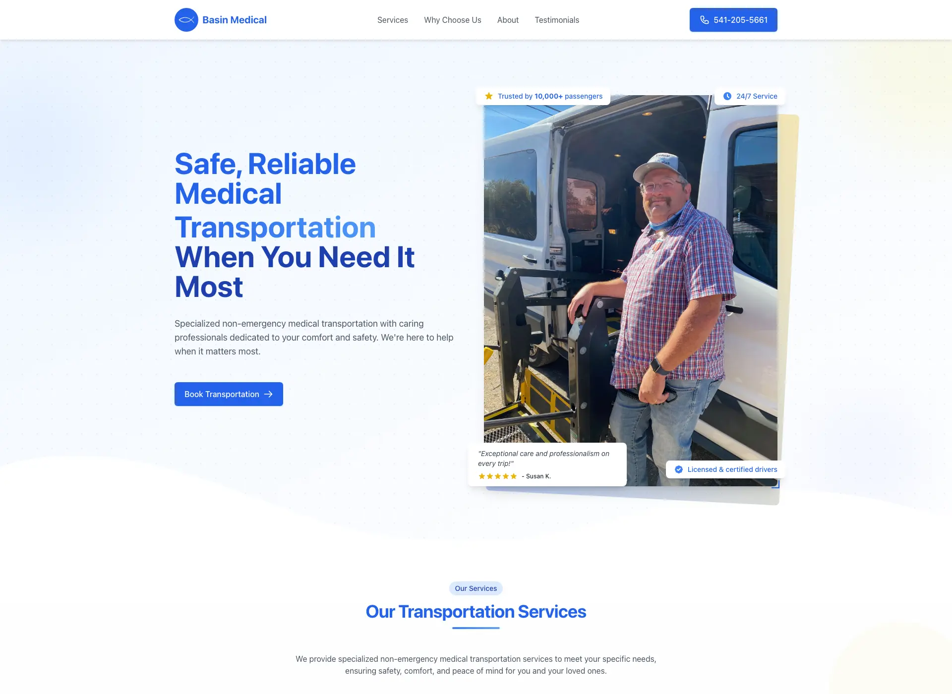 Screenshot of Basin Medical Transportation Website website - Medical Transport Website project by Visser Analytics