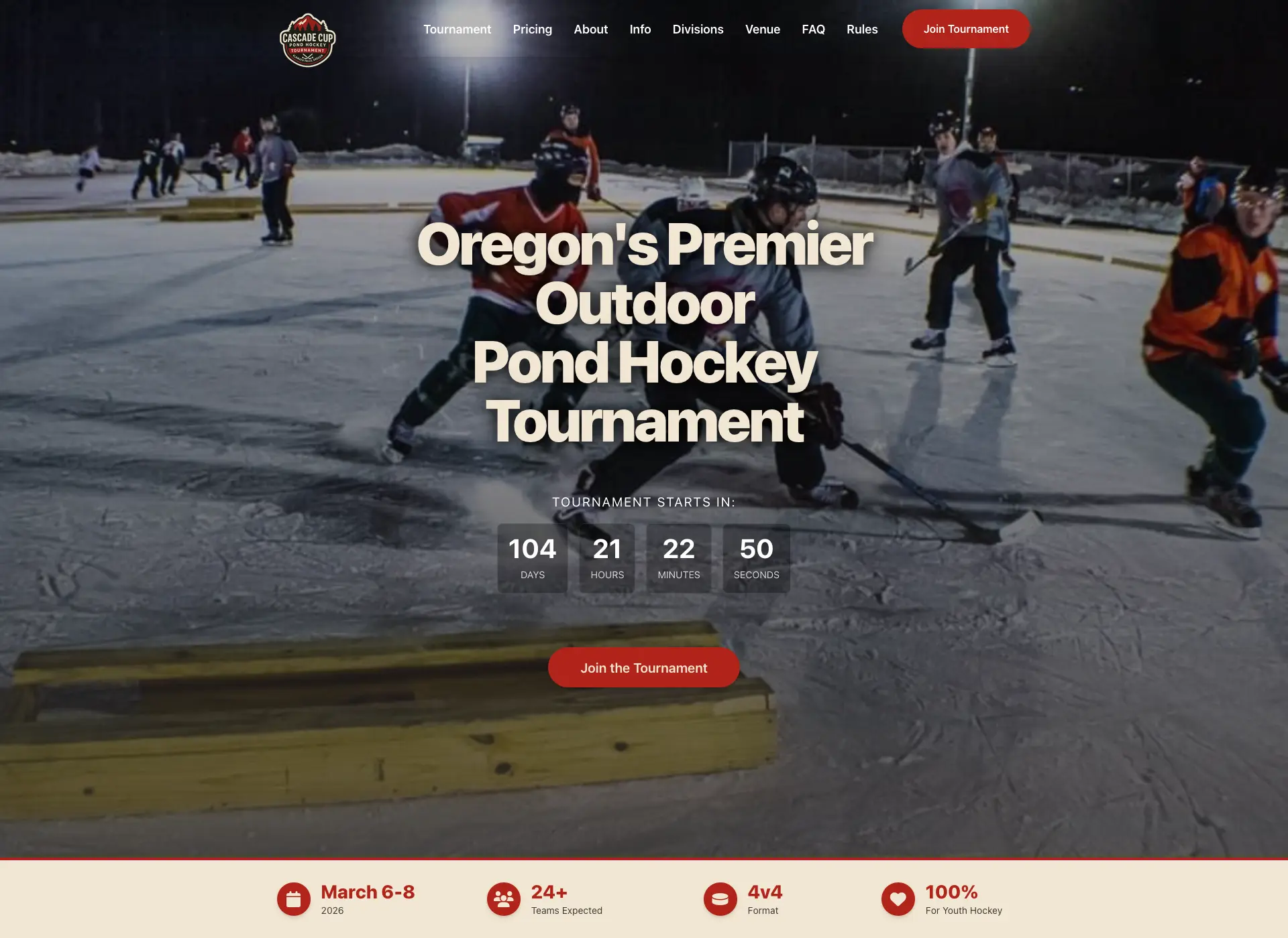 Screenshot of Cascade Cup Pond Hockey Event Website website - Event Marketing Website project by Visser Analytics
