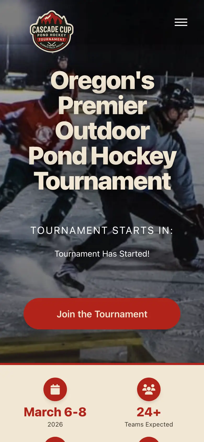 Launching Klamath Falls' First Pond Hockey Tournament Online shown on an iPhone, demonstrating responsive mobile design