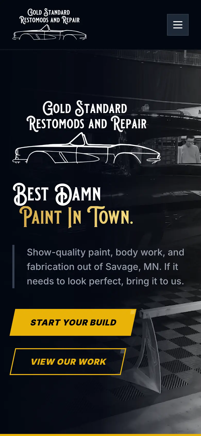 Gold Standard Restomods website shown on an iPhone, demonstrating responsive mobile design