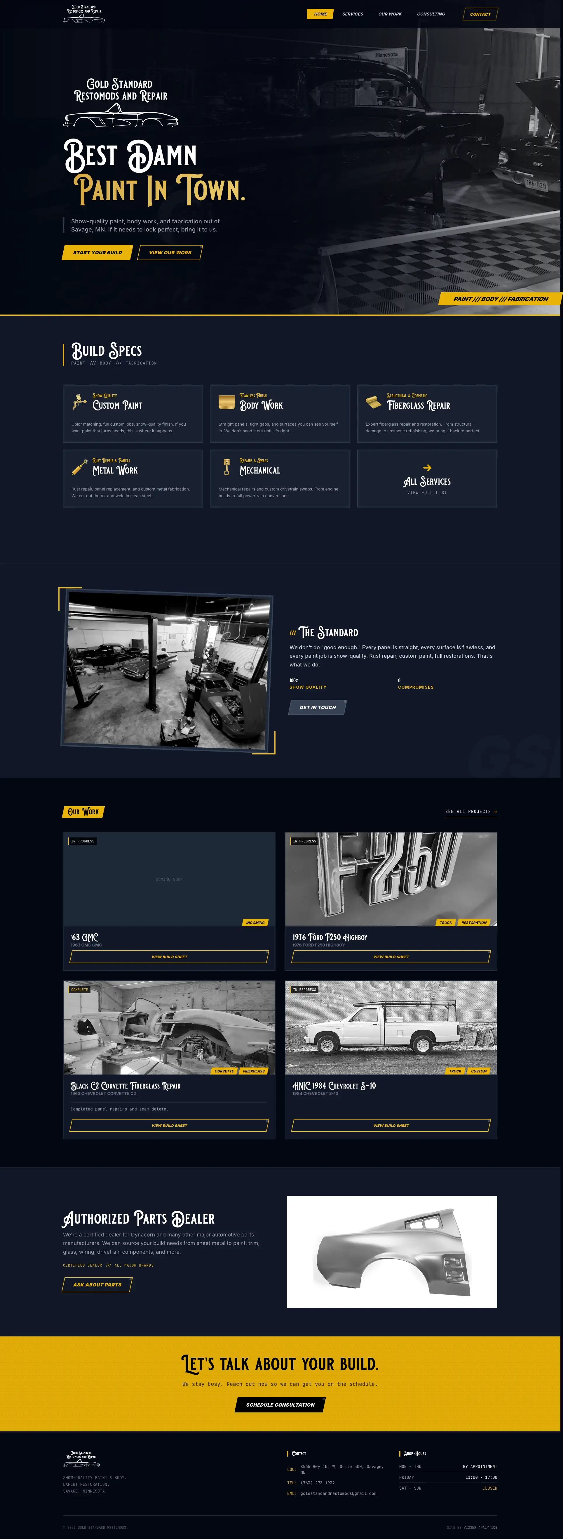 Gold Standard Restomods portfolio website designed and built by Visser Analytics, shown in a browser frame