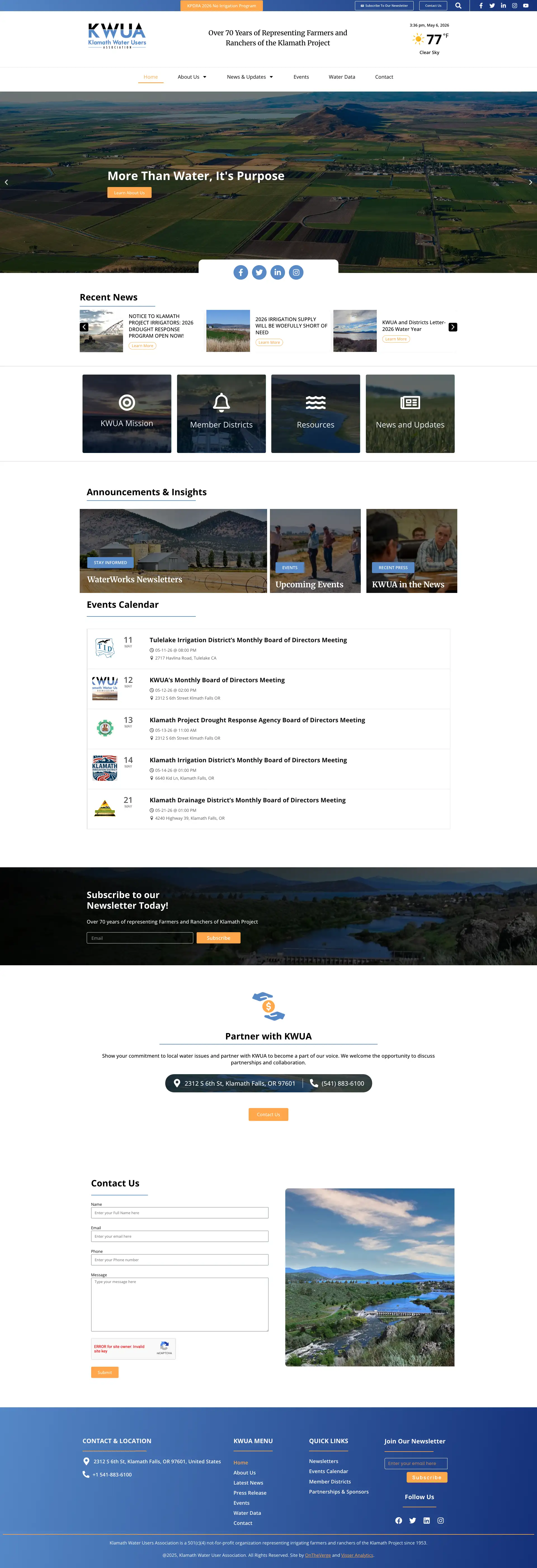 Enterprise Hosting for the Klamath Basin's Water Authority website built by Visser Analytics, shown in a browser frame