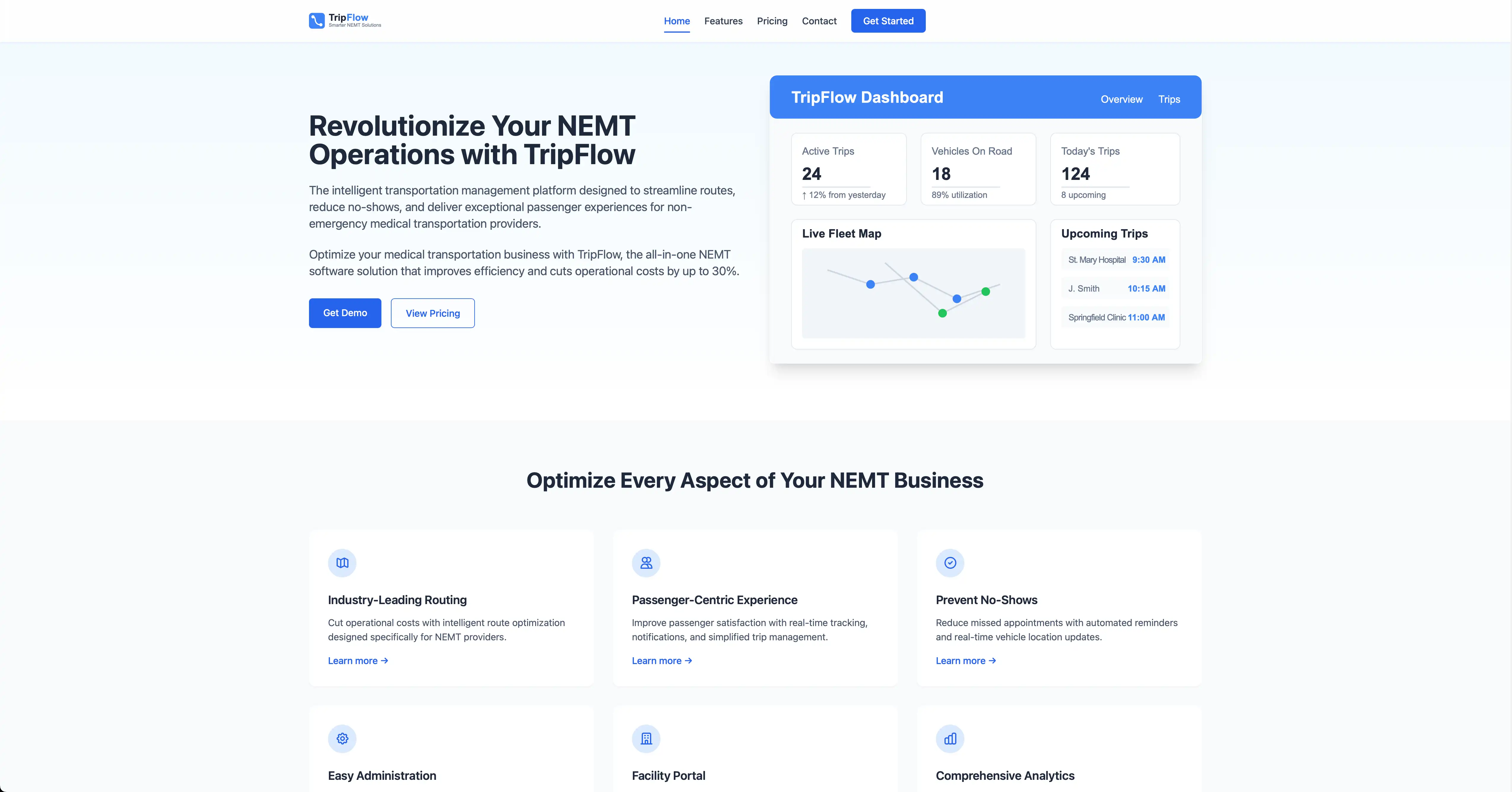 Screenshot of TripFlow NEMT Software Website website - Website Development project by Visser Analytics