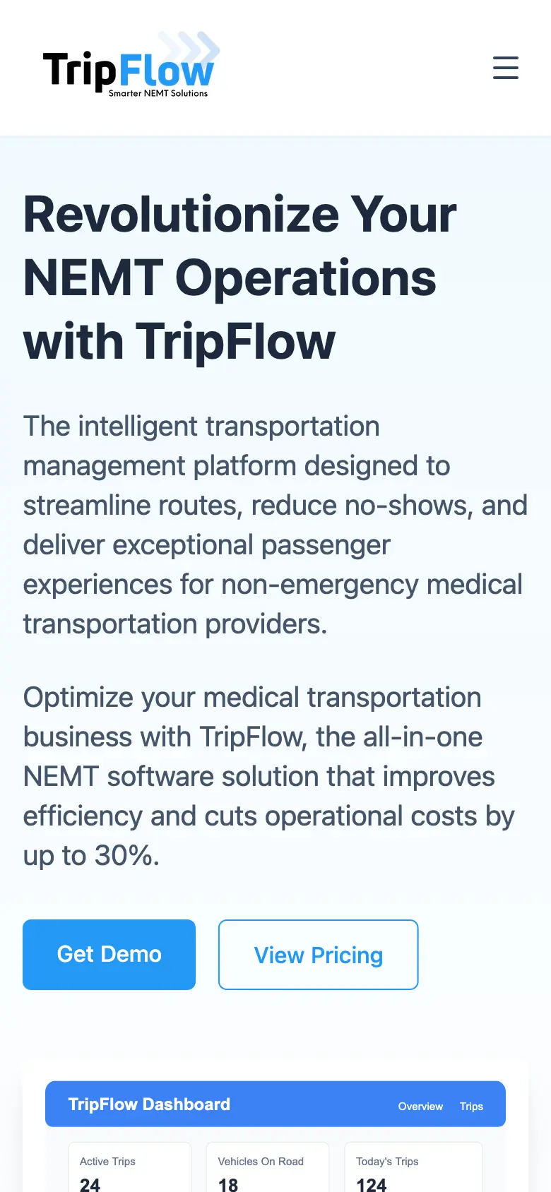 A SaaS Marketing Site for an Up-and-Coming NEMT Platform shown on an iPhone, demonstrating responsive mobile design