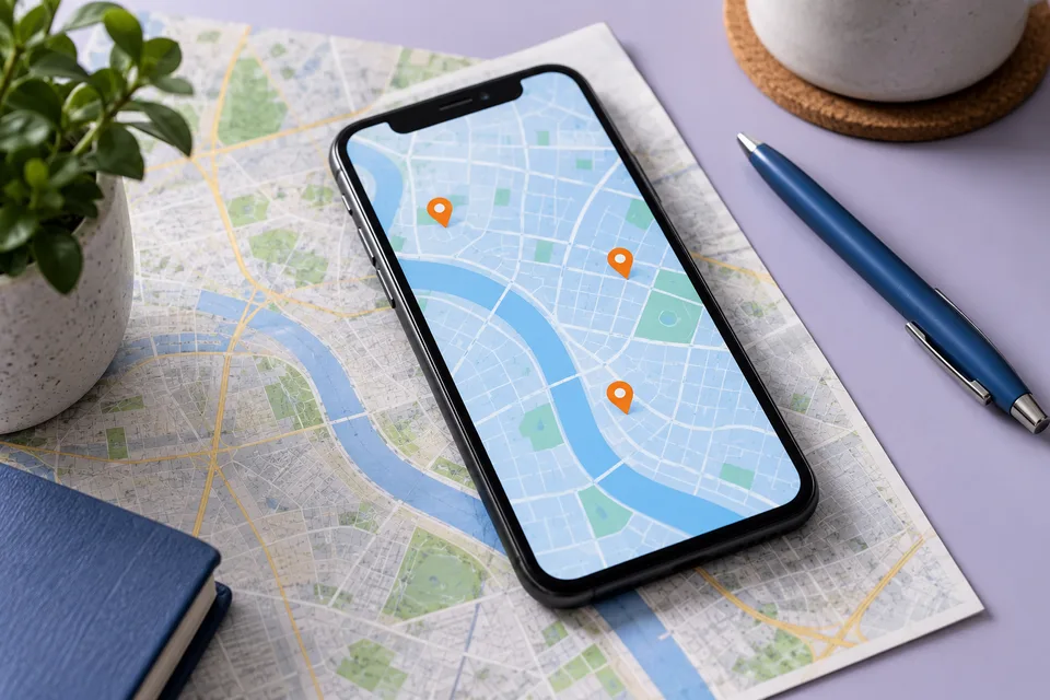 Local service locations on a phone and city map