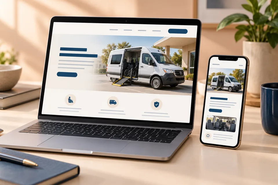Medical transportation website concept on a laptop and phone