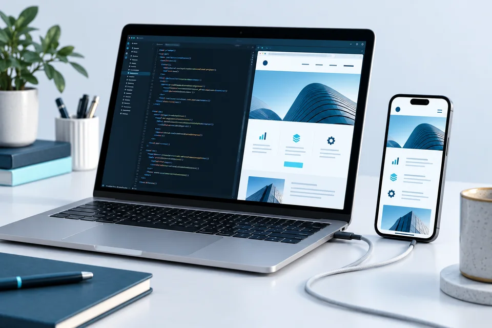 Laptop with a code editor and a phone displaying a responsive website on a pale slate desk