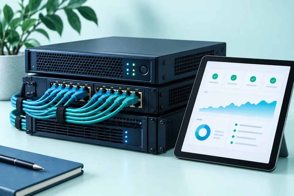 Network server equipment and a tablet displaying a status dashboard on a pale teal desk