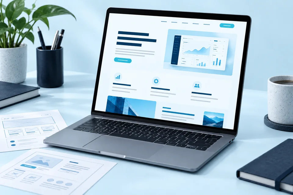 Laptop displaying a software website beside printed page layouts on an ice-blue desk