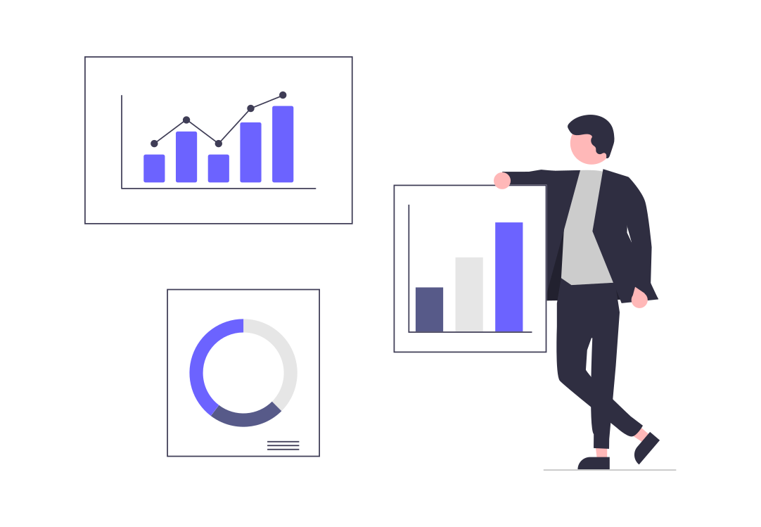 Cartoon graphic of person standing next to several charts.